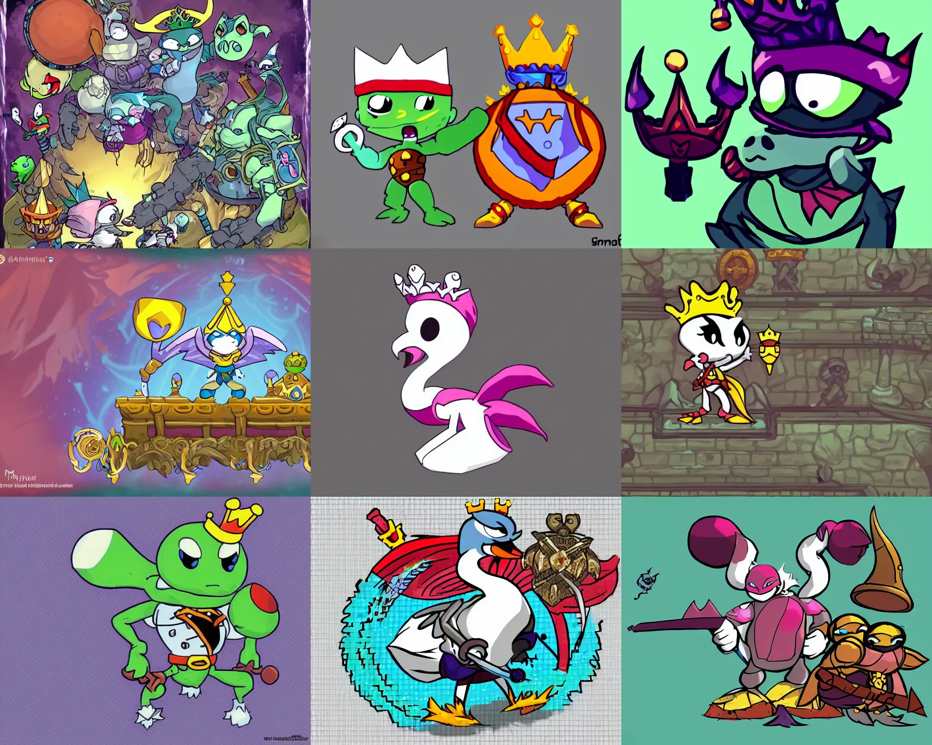 Prompt: fantasy swan with a crown on its head from the videogame awesomenauts, videogame character sprite, 2 d platformer, ronimo games, awesomenauts, blihtbound, science fiction, cartoon, saturday morning, tv show for kids, teenage mutant ninja turtles, mike mignola, cool, rad, funny