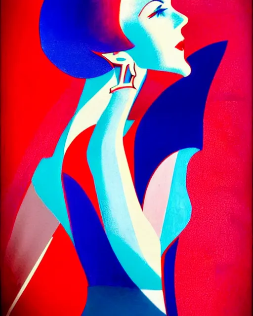 Prompt: full length portrait of 2 0 year old mary louise brooks dancing, shiny bob haircut, dramatic light, red and blue abstract art deco city background, air brush art, high contrast, sharp,, painted by ross tran 1 9 2 0 s