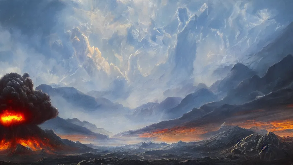 Prompt: a nuclear explosion in a mountain range, highly detailed oil painting, epic fantasy art, abstraction, masterpeice, 8k