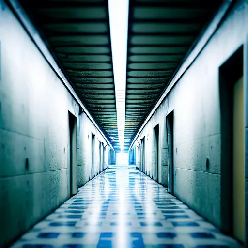 Image similar to The wide hallways in a futuristic prison underground, brutalist liminal architecture, sigma 85mm f/1.4, 4k, depth of field, high resolution, 4k, 8k, hd, full color