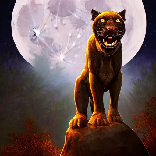 Prompt: a panther roaring at the moon in a forest during the night, large moon in the center. artistic. illustration. trending on artstation. cinematic. photoreal. dark colors. night.