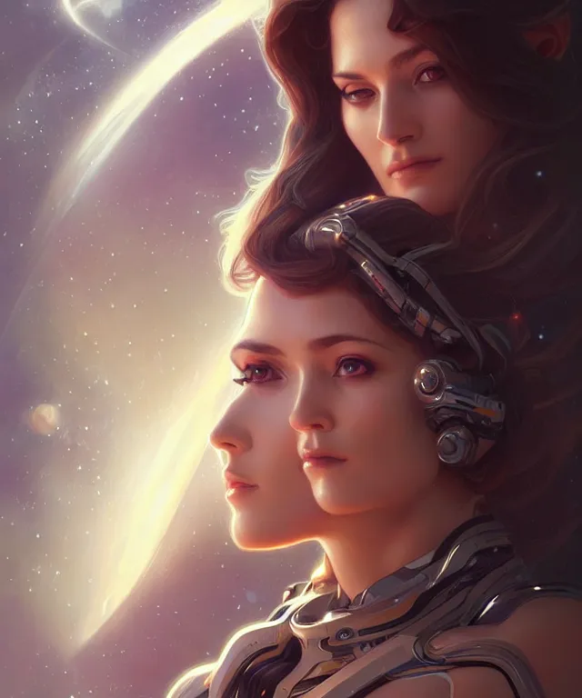 Image similar to futuristic space woman portrait, sci-fi, amber eyes, face, long hair, fantasy, intricate, elegant, highly detailed, digital painting, artstation, concept art, smooth, sharp focus, illustration, art by artgerm and greg rutkowski and alphonse mucha