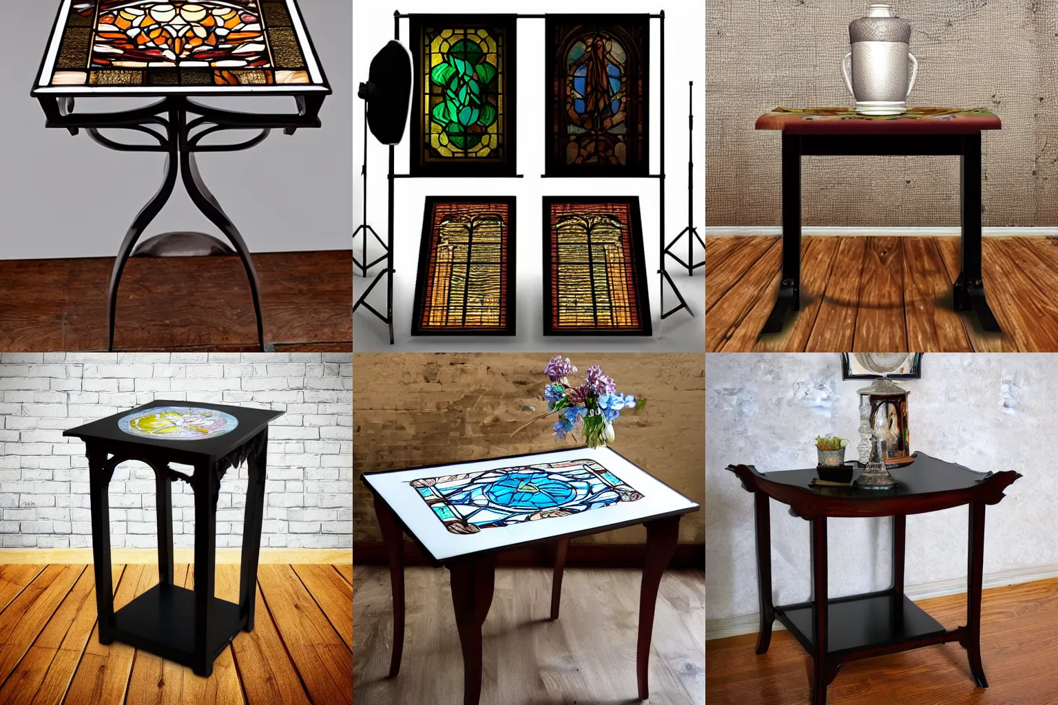 Prompt: dark wood and stained glass tv dinner side table furniture studio product photography white backdrop detailed art nouveau