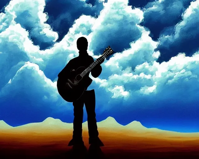 Image similar to A slightly silhouetted figure of a man with a guitar, clouds that look like mountains high in the sky, the clouds are a deep blue purple color with the sun blazing behind the clouds, deep focus, D&D, fantasy, intricate, elegant, highly detailed, digital painting, artstation, oil paint, matte, sharp focus, illustration, hearthstone, art by Ivan Aivazovsky