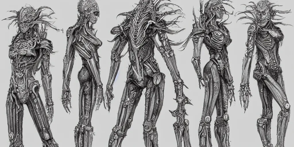 Image similar to highly detailed character sheet, technical drawing, side view, biomechanical human game protagonist designs, side - scrolling 2 d platformer, art by h. r. giger and jonathan wayshak