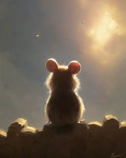 Prompt: viewed from behind, over the shoulder, a cute mouse looks upwards, viewed from behind, digital portrait by greg rutkowski, fantasy art, concept art, by disney concept artists, cinematic lighting, evening light, trending on artstation, cgsociety