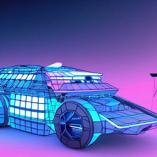 Prompt: synthwave wireframe intergalactic planetary future space vehicles that look super stylish. retrofuturism