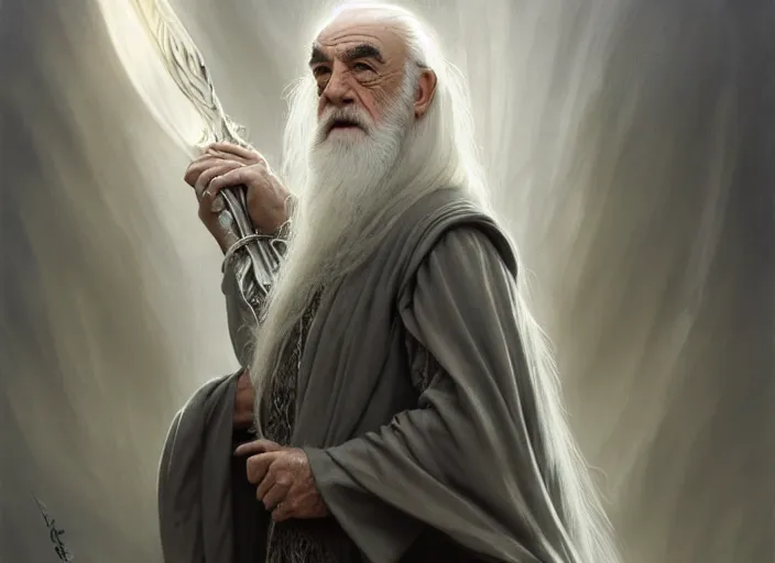 Image similar to white haired sean connery as gandalf, lord of the rings, robes, intricate, elegant, highly detailed, centered, digital painting, artstation, concept art, smooth, sharp focus, illustration, artgerm, tomasz alen kopera, peter mohrbacher, donato giancola, joseph christian leyendecker, wlop, frank frazetta