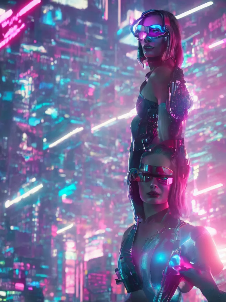 Image similar to margot robbie as a cyberpunk ninja, retro futurism, flashy colors, ray tracing, realistic, rendered in unreal, 8 k, cinematic lighting, highly detailed