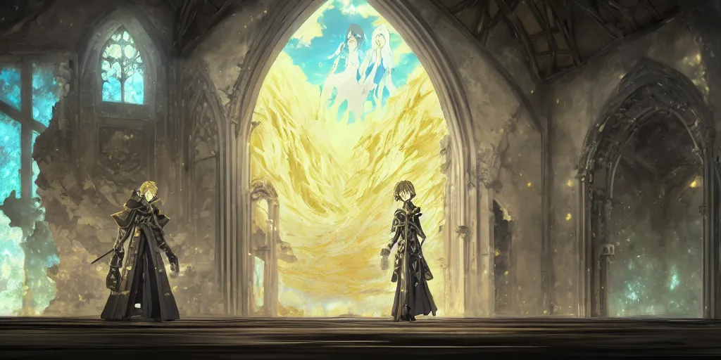 Image similar to baroque acrylic palette knife, key visual concept art, rustic grand stone chapel with anime female knight standing in the doorway wearing silver armor gold trim, brutalist fantasy, rule of thirds golden ratio, fake detail, trending pixiv fanbox, style of makoto shinkai ghibli takashi takeuchi yoshiyuki sadamoto jamie wyeth james gilleard greg rutkowski chiho aoshima