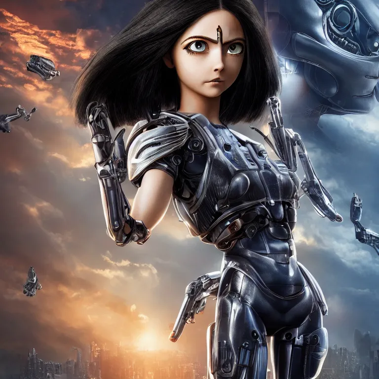 Image similar to scifi alita battle angel, elegant lady, big eyes, smiling face, extremely high detail, extremely high detailed face, cyborg, photorealism, sony a 7 r