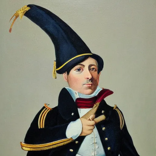 Image similar to A painting of a rabbit wearing a napoleon-era officer's uniform