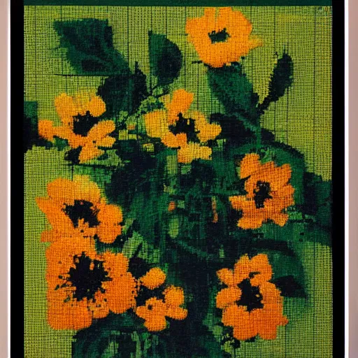 Image similar to a 8bit screen showcasing a photo of flowers, covered in oil painting, by phil hale