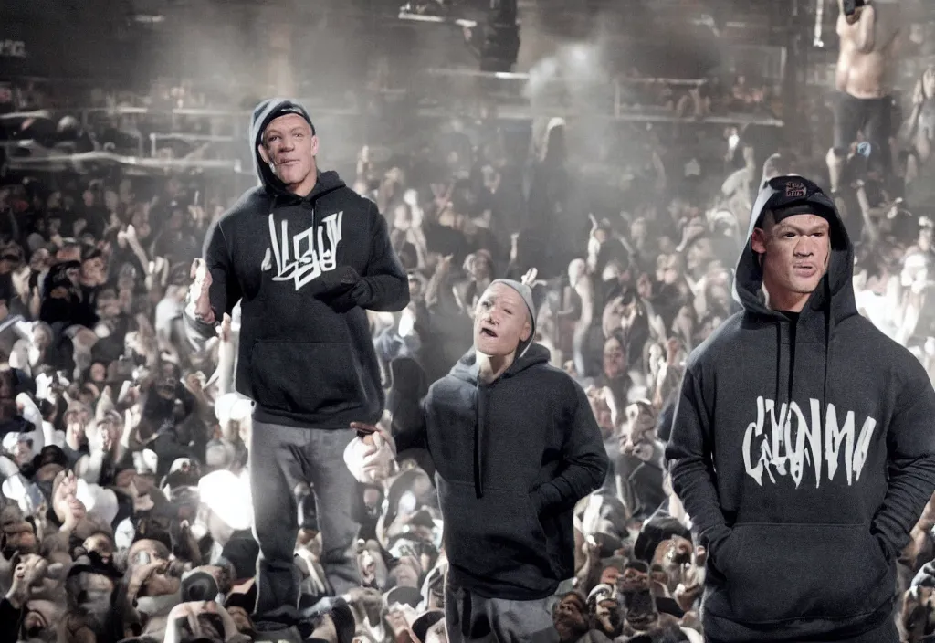 Prompt: john cena with a gray cap and a gray hoodie with the hood on. John Cena rapping in front of a crowd of people. Industrial setting. Lose yourself by eminem music video.