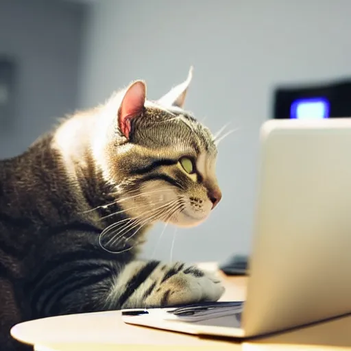 Image similar to cat working at a computer, photo, 8k