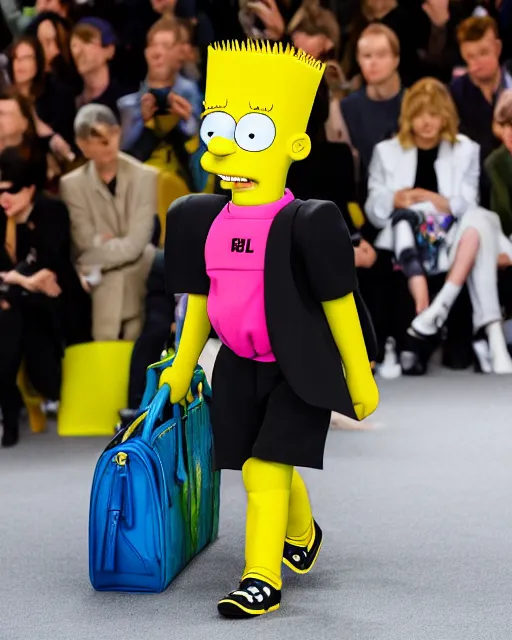 Image similar to Bart simpson hyperrealistic and heavy detailed balenciaga runway show of bart simpson , Leica SL2 50mm, vivid color, high quality, high textured