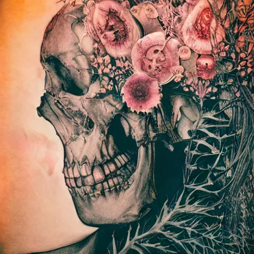 Image similar to a beautiful detailed front view portrait of a rotten woman corpse becoming a skull with fractal plants and fractal flowers and mushrooms growing around, volumetric light, beautiful lit, polaroid photography