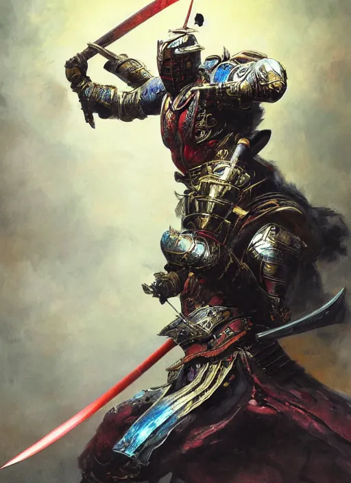 Image similar to A full portrait oil painting of a godlike and psychedelic helmeted and masked Samurai holding a katana above his head an running into battle, japanese god of war armor, by Frank Frazetta, Greg Rutkowski, Boris Vallejo, epic fantasy character art, Exquisite detail, post-processing, low angle, masterpiece, cinematic, lightning