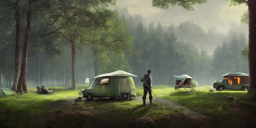 Image similar to knight camping next to green car, elegant scene, low angle, wide angle, indian forest, wide angle, cinematic, ultrarealistic, trending on artstation, cgsociety, highly detailed, color graded, rendered in unreal engine 4 k hq, matte painting, by simon stalenhag and hudson river school, horizon forbidden west