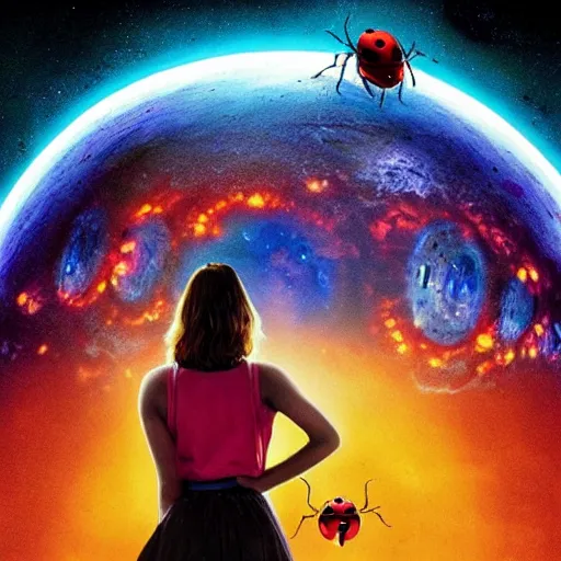 Image similar to film still, future ladybug ( ( descendants ) ), ladybug quadruped with big rgb eyes, huge ladybug mothership, epic cosmos, dramatic lighting, ( e. t. the extra - terrestrial ) imax, 7 0 mm.