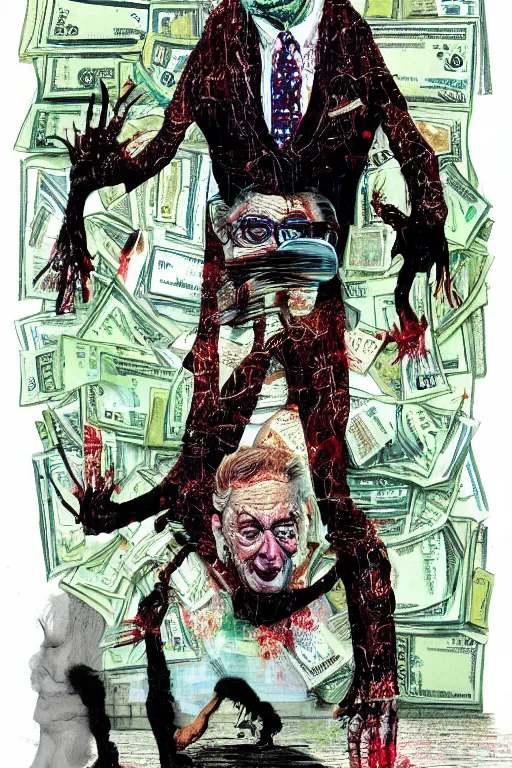 Image similar to George Soros full body shot, dollar bills Body horror, biopunk, by Ralph Steadman, Francis Bacon, Hunter S Thompson