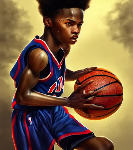 Prompt: portrait of a boy at a basketball court playing basketball wearing a basketball uniform in a basketball court, intense emotion, detailed facial expression, detailed surroundings, intricate, elegant, highly detailed, centered, digital painting, artstation, concept art, smooth, sharp focus, illustration, by Peter Mohrbacher, WLOP