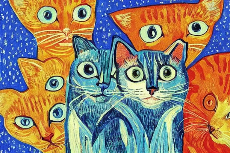 Prompt: beautiful art illustration of a group of cats by laurel burch and van gogh, oil painting, highly detailed