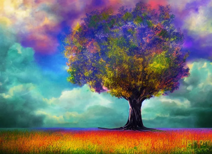 Image similar to giant tree with blue leaves in the background reaching into the clouds, fields in foreground, magical, fantasy, digital art, colorful, divine, painting