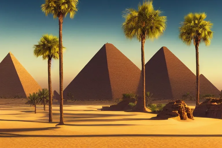 Image similar to beautiful digital painting of an oasis with palm trees, in a large desert landscape, with ancient golden pyramids with carved runes, some clouds on the horizon, by lee madgwick and wlop, 8 k, intricate, cinematic lights, atmospheric effects in the background, octane render, artstation, summer color scheme