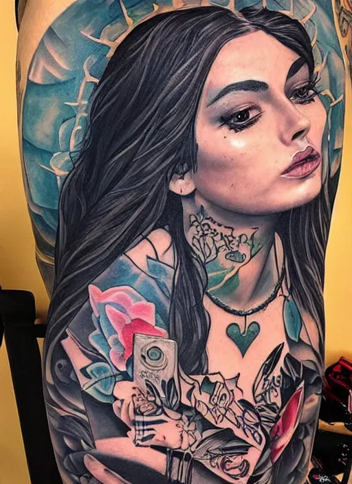 Image similar to beautiful enlightened instagram selfie influencer woman with tattoos, tattooed skin, oil painting, robe, symmetrical face, greek dark ritual myth, by sandra chevrier, masterpiece