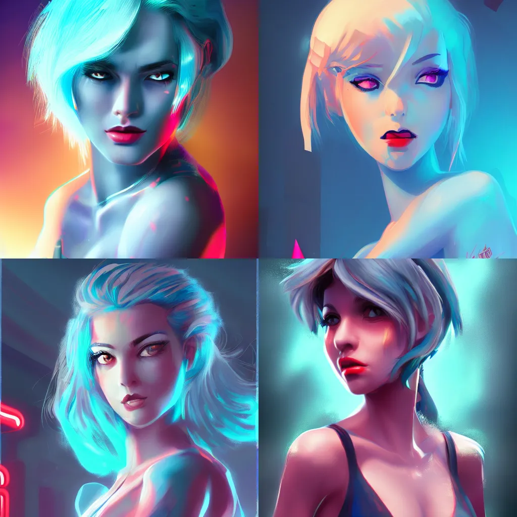 Prompt: an attractive young female on the neon seaside after the war, illustration, sharp focus, concept art, artstation, digital painting, highly detailed, smooth, blue hair, in the style of Arcane