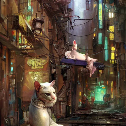 Prompt: a sphynx with robotic parts cat, in a cyberpunk alleyway by daniel gerhartz