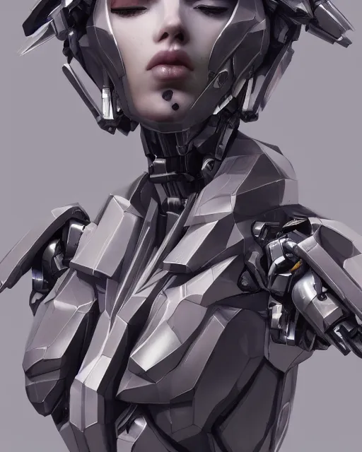 Prompt: the face of a cybernetic fashion model mecha, scifi, ghost in the shell, sensual scifi panels made of metal, elegant, highly detailed panel cuts, greeble detail, caustics and refraction, digital painting, artstation, high tech fantasy, sharp focus, illustration, art by marco plouffe arstation and riot studios and blizzard studios