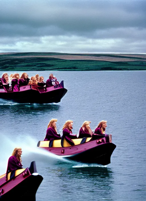 Image similar to photo of viking women in speed boats invading scottland, hyperrealism, fujifilm velvia 5 0