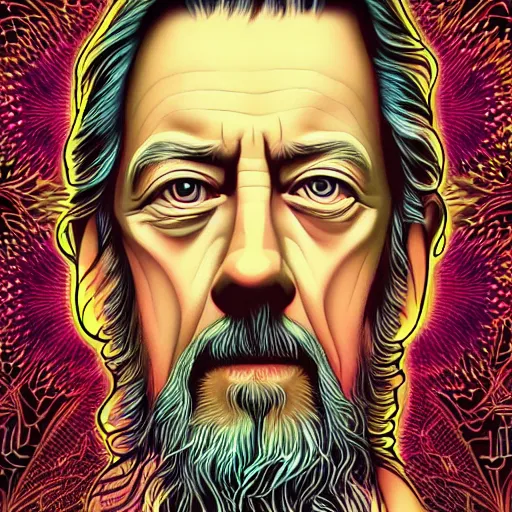 Image similar to alan watts in the style of alex grey