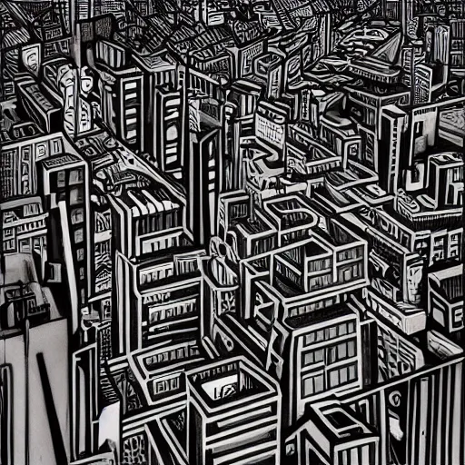 Image similar to Brooklyn skyline painting by MC Escher, realistic, abstract, ambient lighting, atmospherical, stunning visuals, creative, cinematic, ultra detailed, trending on art station