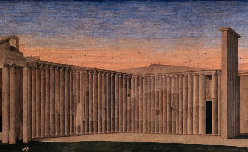 Prompt: a building in the ideal city by piero della francesca. sunset lighting