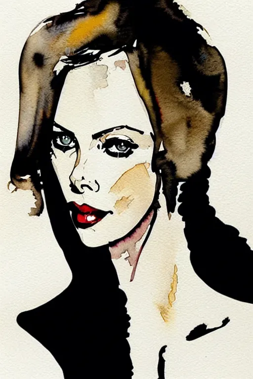 Prompt: beautiful portrait of Charlize Theron by Milo manara and David downton, colorless, silent, watercolor