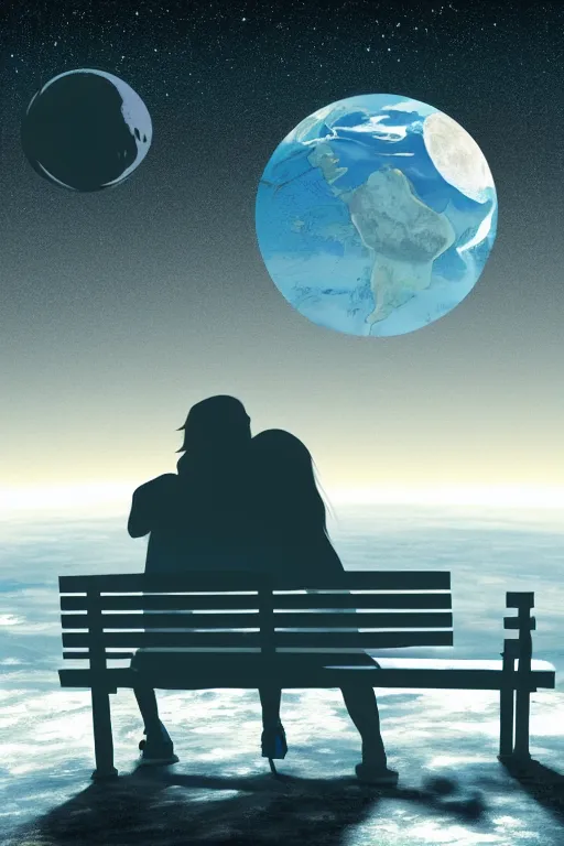 Image similar to Silhouette of a Couple sitting on a bench on the moon with a view of planet earth, photorealistic, high resolution, award winning, trending on artstation.