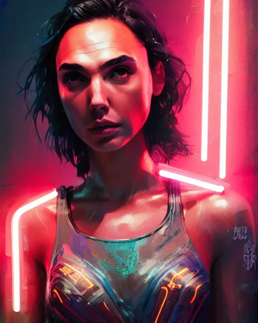 Image similar to detailed portrait Gal Gadot Neon boxer , cyberpunk futuristic neon, reflective crop top and shorts, boxing gloves, decorated with traditional Japanese ornaments by Ismail inceoglu dragan bibin hans thoma greg rutkowski Alexandros Pyromallis Nekro Rene Maritte Illustrated, Perfect face, fine details, realistic shaded, fine-face, pretty face