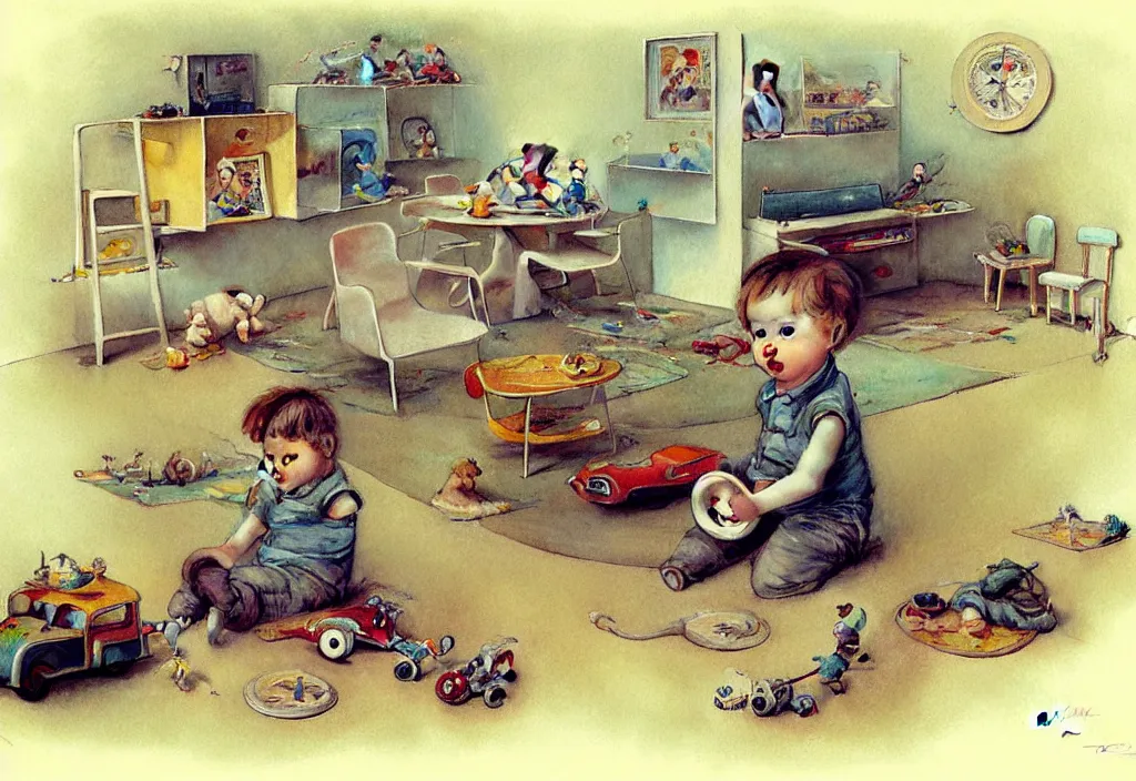 Prompt: toddler ( ( ( ( ( 1 9 5 0 retro futuristic living room. muted colors. toys laying around ) ) ) ) ) by jean baptiste monge