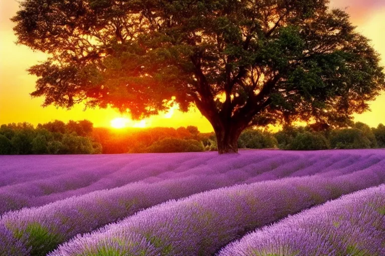 Image similar to beautiful scenery of a field of lavenders, one large tree, sunset, dramatic lighting