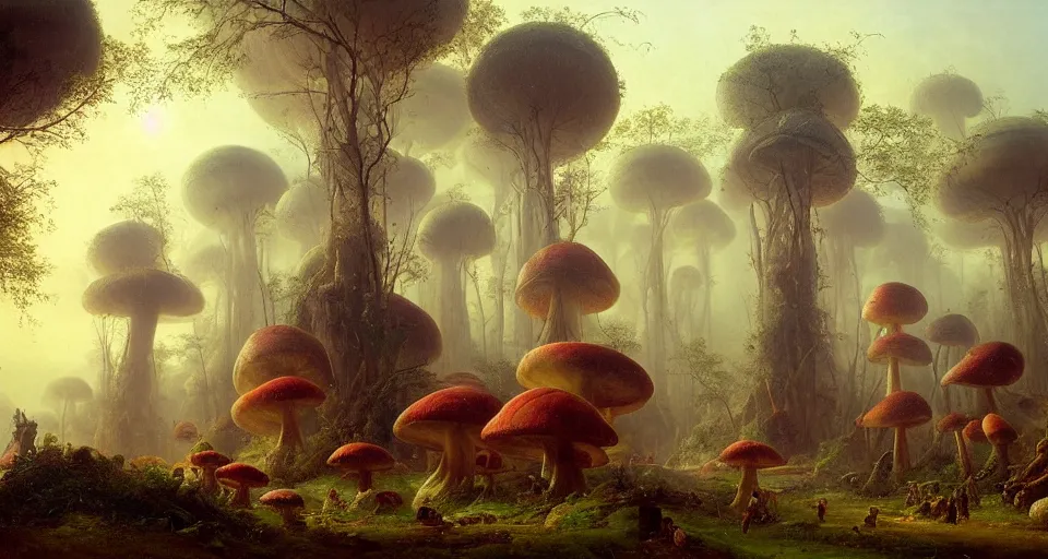 Image similar to A tribal village in a forest of giant mushrooms, by Ivan Aïvazovski,