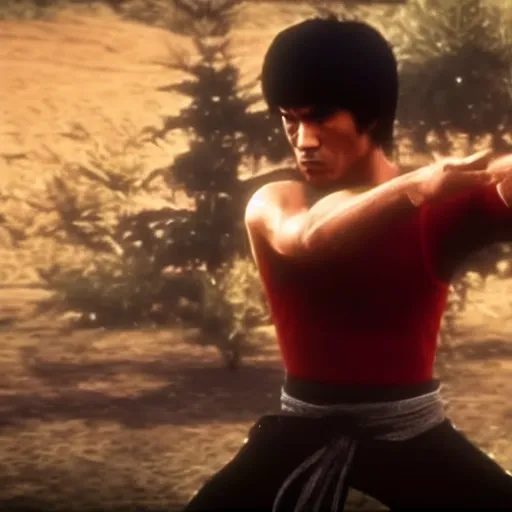 Prompt: Film still of Bruce Lee, from Red Dead Redemption 2 (2018 video game)