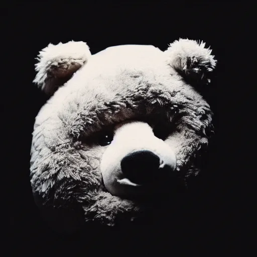 Image similar to a ( ( ( ( ( ( ( ( ( chiaroscuro lighting portrait ) ) ) ) ) ) ) ) ) ) of kanye west dressed as teddy bear mascot, black background, portrait by julia margaret cameron, shallow depth of field, 8 0 mm, f 1. 8