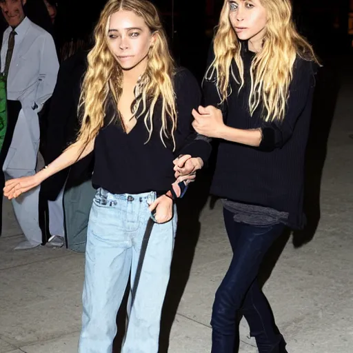 Prompt: mary kate and ashley olsen arm fist fighting