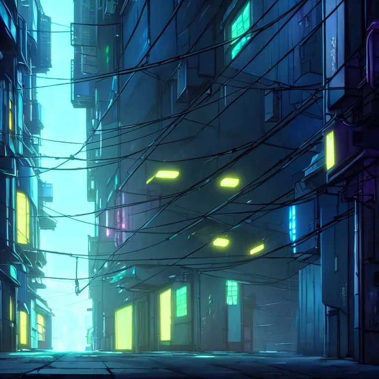 Image similar to city alleyway in the atmospheric cyberpunk anime film, gouache matte background painting, neon noir, at night with lights, by makoto shinkai, in the anime series ergo proxy, beautiful specular edge highlights and rim lighting