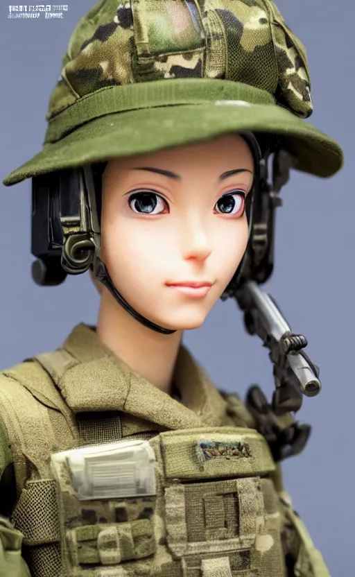 Prompt: portrait of the action figure of a female soldier, highly detailed, high resolution, toy, good smile company anime style, japanese collection product, stunning, girls frontline style, bokeh soft, 100mm, trending on instagram, by professional photographer, realistic human anatomy, realistic military carrier, modern warfare, realistic weapon, shot with a arriflex 35 ii, low saturation, small eyes