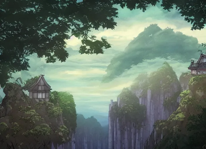 Prompt: a great village high in the trees, fantasy landscape, foggy, art by studio ghibli