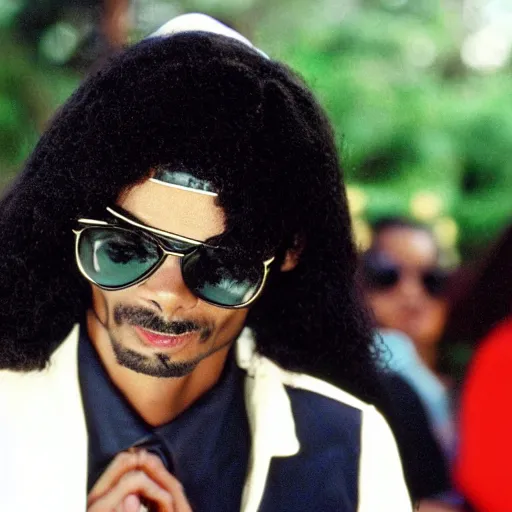 Image similar to a 1980s film still of Snoop Dogg dressed as Michael Jackson, 40mm lens, shallow depth of field, split lighting